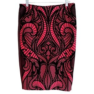 Eci New York Red with Black Appliqué Pencil Skirt Size Large